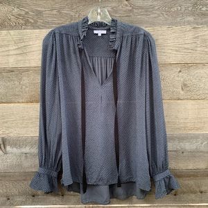 Reiss Blouse Womens 2 Silk Blue Long Sleeve Swiss Dot Ruffle Vneck